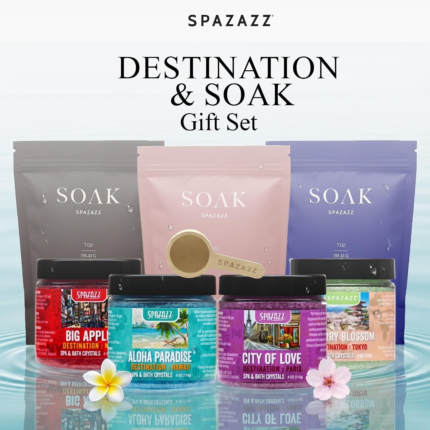 Spazazz Gift Bundle Set – 7oz Aromatherapy Mineral Bath Soak Variety & 4oz Destination Collection Bath Salts, Tumbler, Straws, Bath Salt Scoop & Mini Beach Ball – Relaxation Spa Gift Box Set