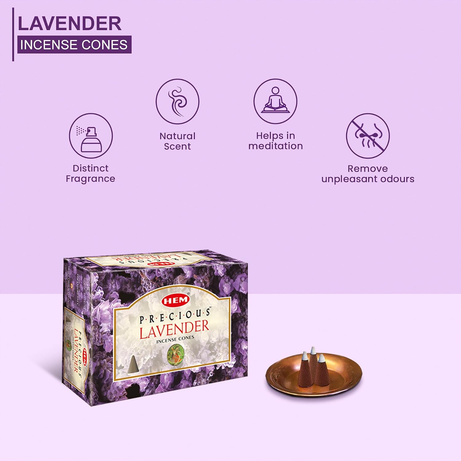 Hem Incense Cones | Natural Aromatic Blend for Purification, Protection & Spiritual Wellness | Long-Lasting Aroma (Lavender) | Suitable for home fragrance and incense use.