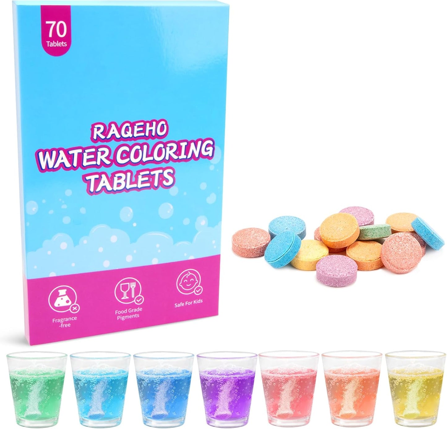 Colorful Bath Tablets, Water Coloring BathBomb, Fizzy, Fragrance Free & Non Toxic, Coloring Potion Tablets Spa Bath Stuff Science Experiments BathAccessories, 70 Count