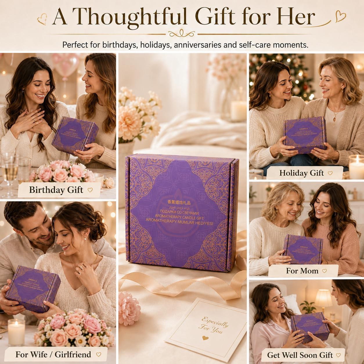 Scented Candles Gift Set for Women, Soy Aromatherapy Candles, 4 Pack | Lavender, lemon, vanilla and white peach soy candles for home decor, bath, yoga, travel, Mother's Day and gifts for women.