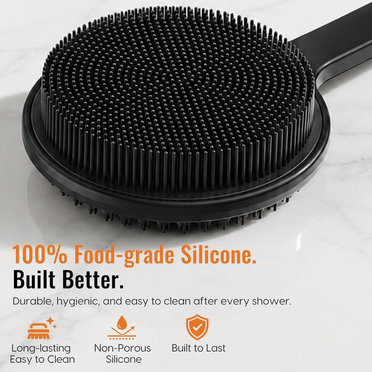 Silicone Back Scrubber for Shower, 17in Lengthen Long Handle Body Brush, Double Sided Shower Brush for Shower Exfoliating and Massage Can Produce Rich Foam, Long Handle Back Scrubber for Men