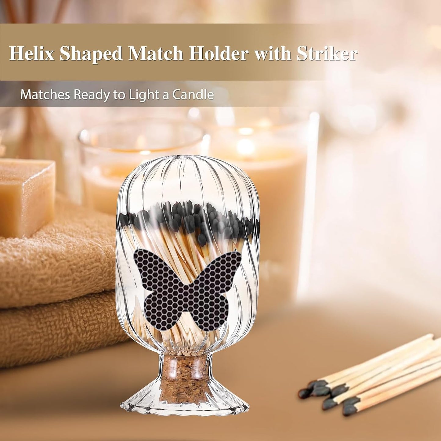 Glass Match Holder Jar with Striker, Decorative Glass Container for Matches for Bathroom Fireplace and Home Display (Helix Shaped)