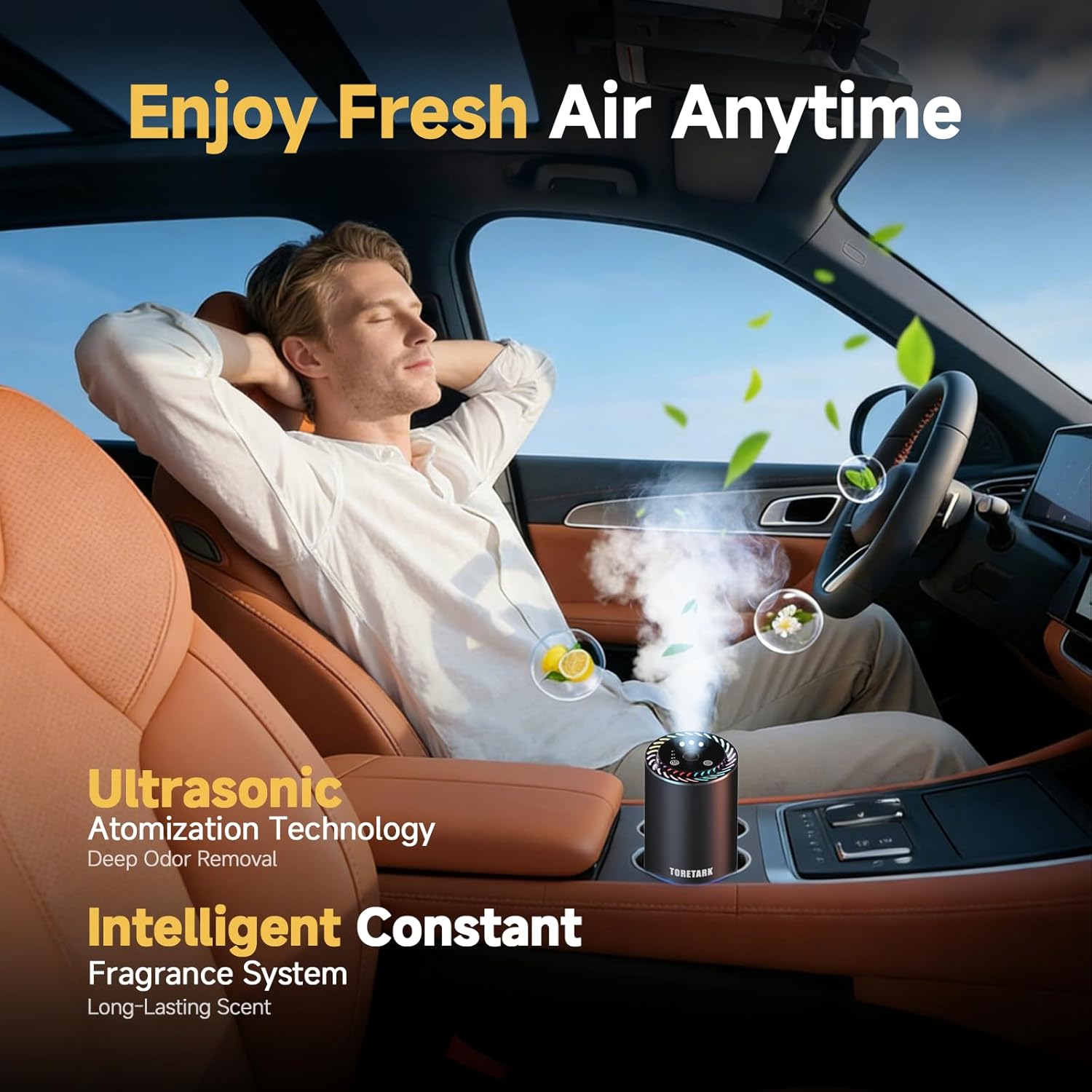 Smart Car Air Freshener with Star Light & 100ml Diffusers Oil Refills, Auto On/Off Aroma Diffuser, 3 Adjustable Mist Modes Rechargeable Aromatizante para Carro - Car Diffuser（Cologne+Ocean）