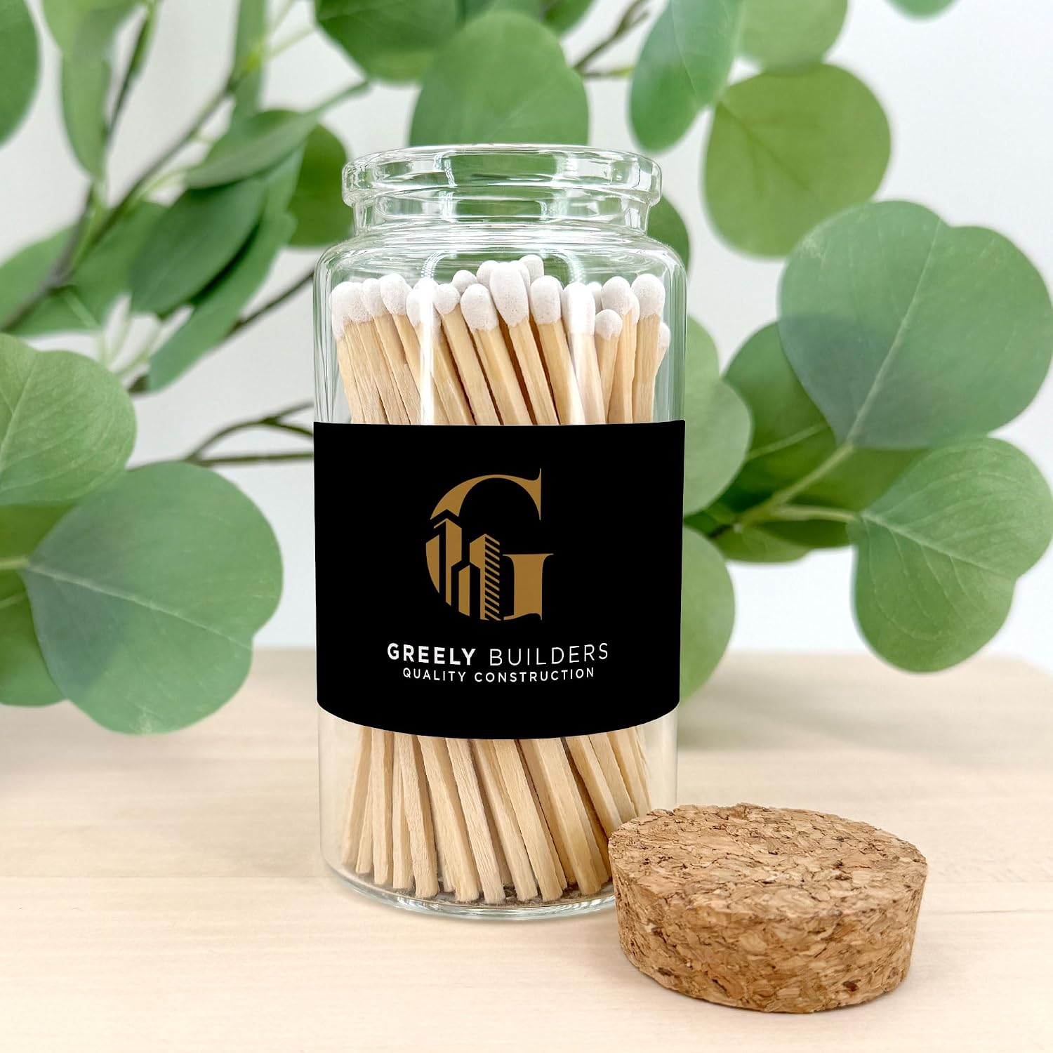 Custom Wooden Matches in a Jar with Striker - Realtor Swag, Real Estate Agent Marketing - Personalized Matches Bulk with Your Logo, Long Matches in Apothecary Glass Jar, Approx. 80 Safety Matches