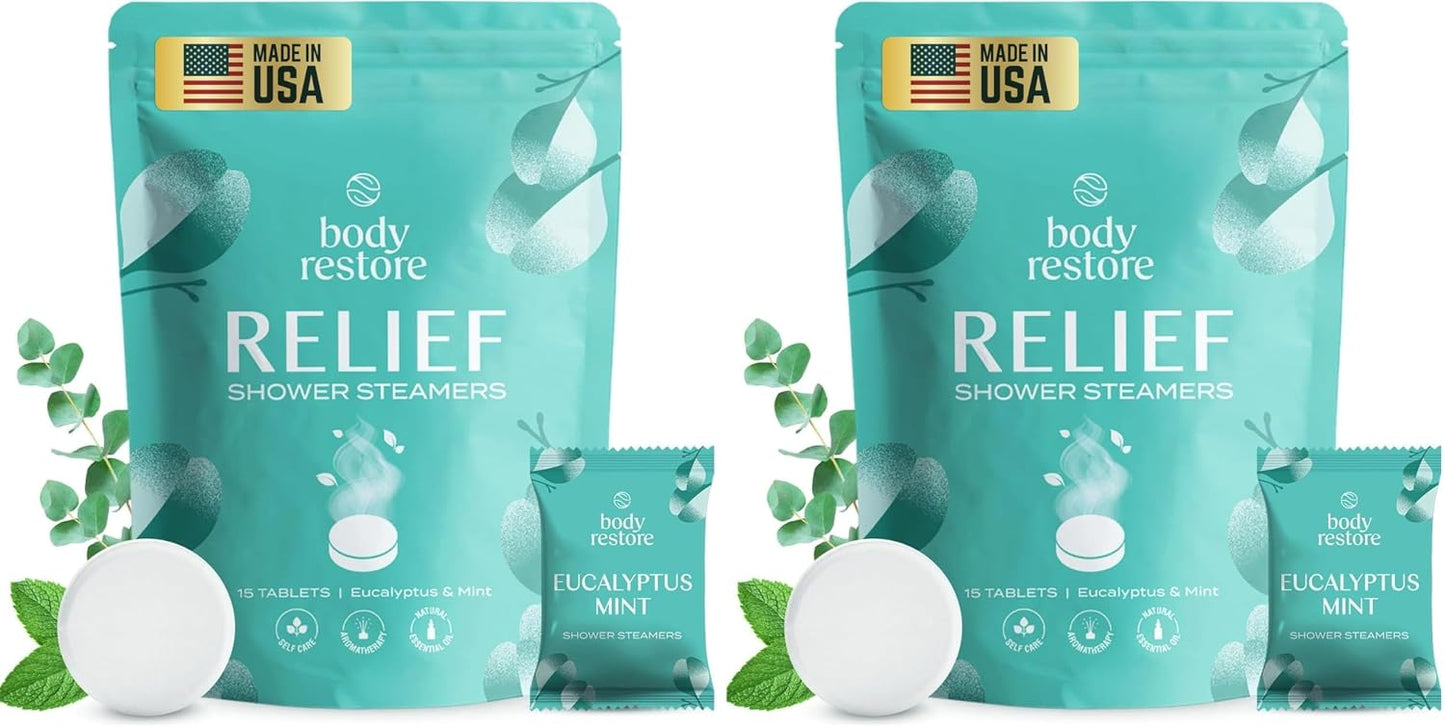 Body Restore Shower Steamers Aromatherapy 30 Pack – Birthday Gifts for Women, Men, Travel Essentials, Stress Relief, Relaxation, Self Care – Eucalyptus