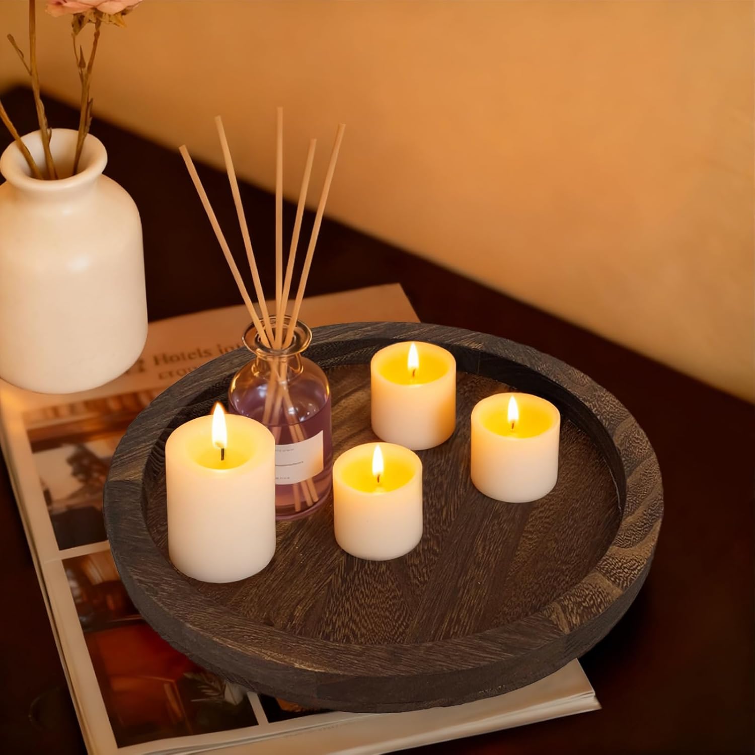 Round Candle Holder, Single Wooden Plate for Decorative Candle Dish, 10.4in Brown Poplar Wood Candle Plate for Christmas, Wedding, Halloween and Home Decor
