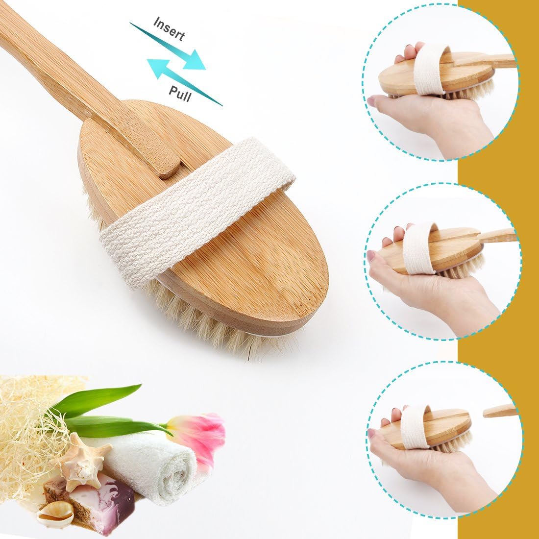 Bath Body Brush & Shower,Dry Skin Brushing with 100% Natural Boar Bristles & 16 inches Long Bamboo Detachable Handle,Back Scrubber for Exfoliates & Stimulates Blood Circulation-by Qlben