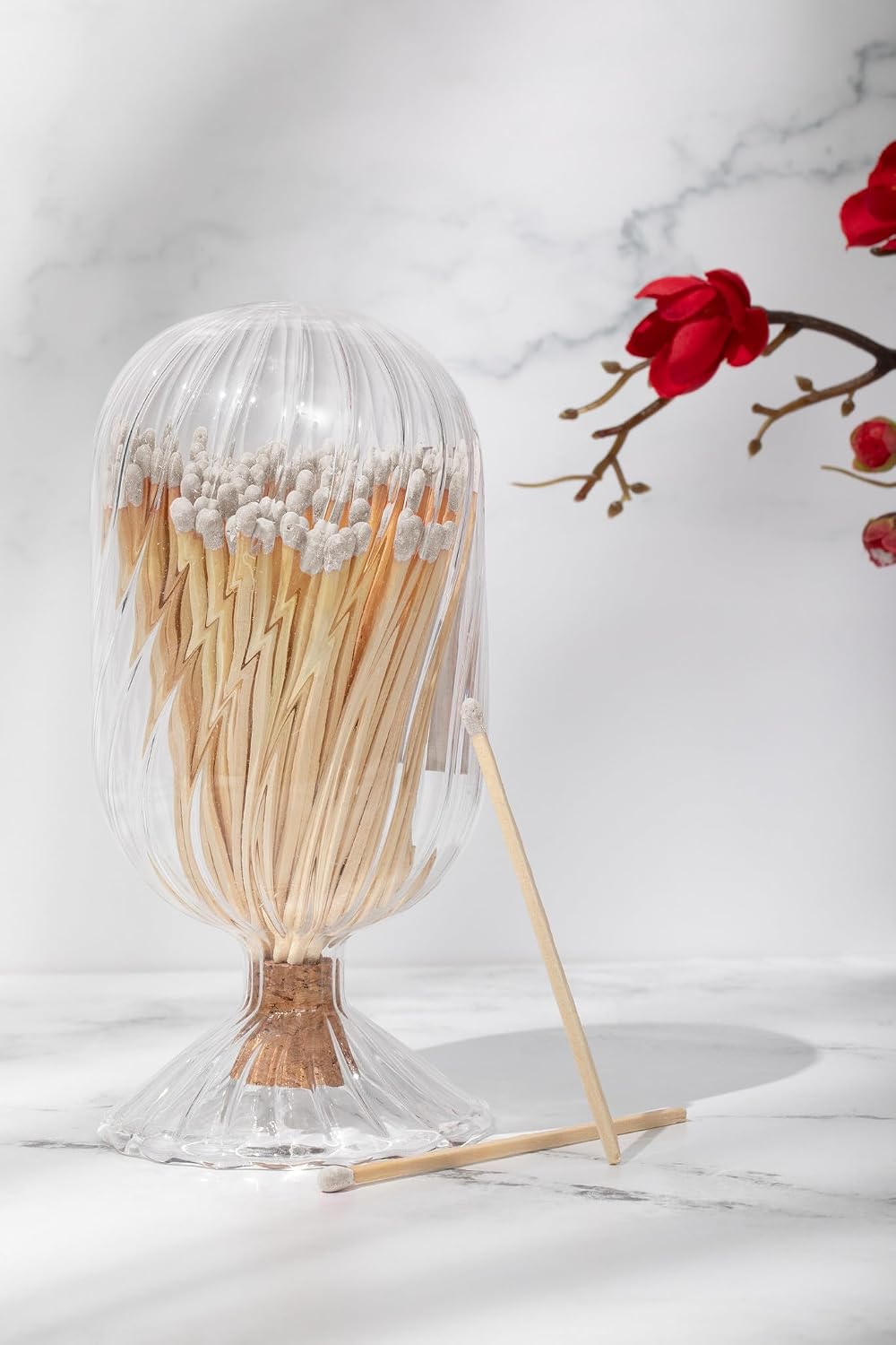 Premium Helix Glass Cloche - Matches In a Jar With Striker. Long Matches for Candles, Fireplace. Or Use Bottle for Bath Salts, Accessories. Includes Striker AND Safety Matches (White)
