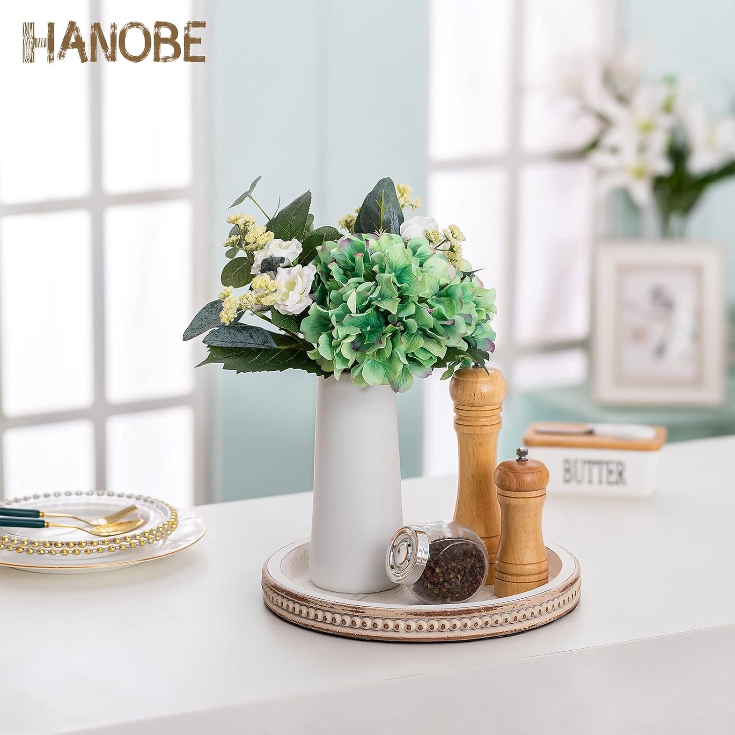 Hanobe Decorative Tray for Coffee Table: 10.5-Inch Round Whitewashed Wood Tray for Rustic Farmhouse Living Room Kitchen Island Entryway Home Decor