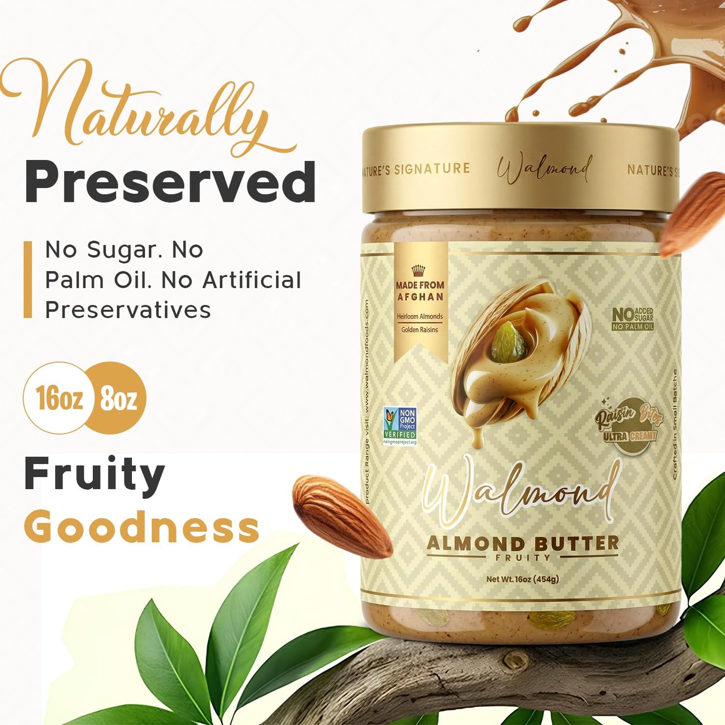 Walmond Almond Butter Fruity, Afghan Heirloom Almonds with Real Golden Raisin Bites, Lightly Fruit Sweetened, 6g Protein, No Added Sugar, No Palm Oil, NON-GMO Halal HACCP Certified, Keto Vegan, 16oz
