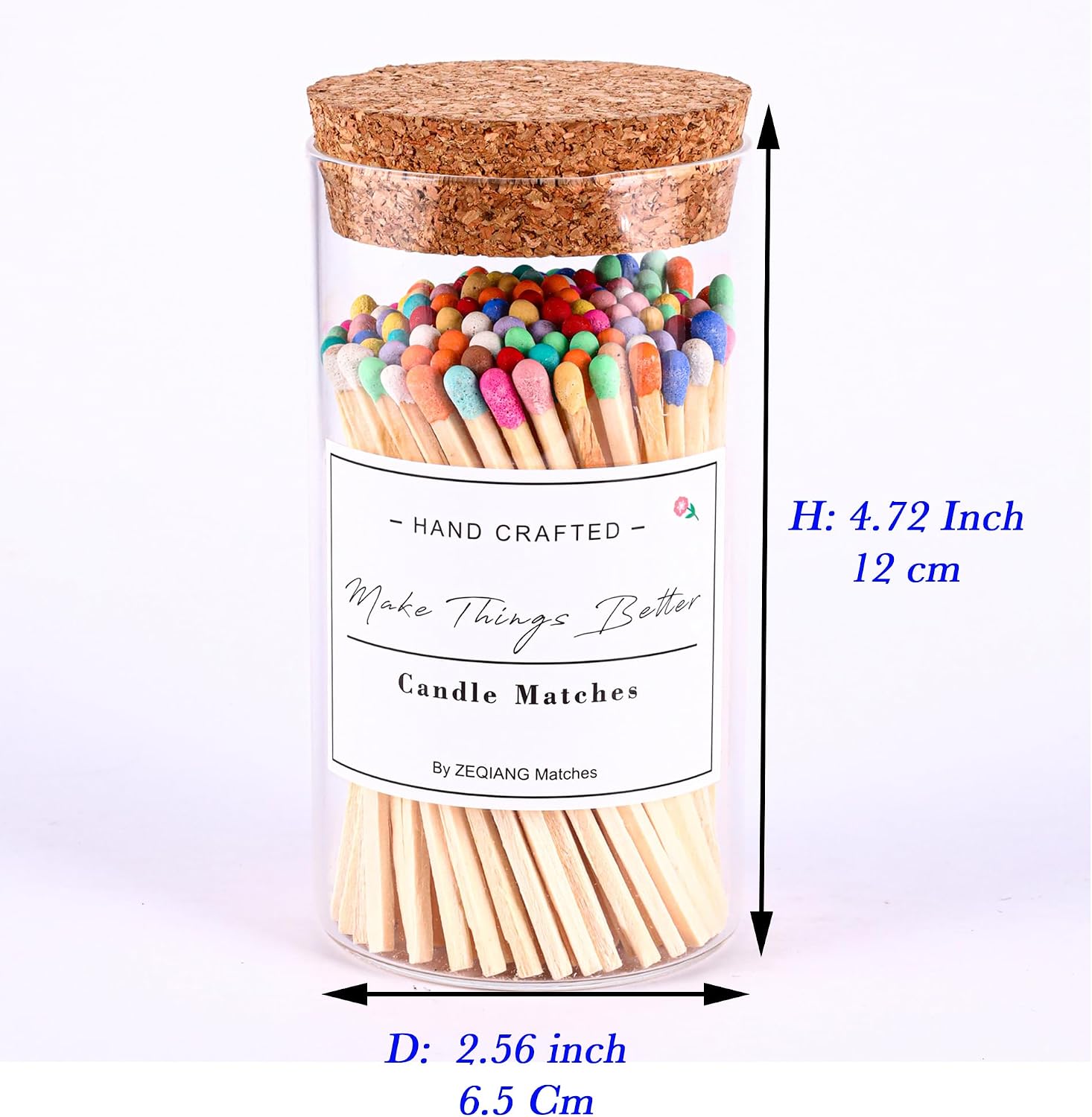 150Pcs Rainbow Matches Included, Glass Match Holder with Striker, Match Bottle with Candles Matches, Match in a Jar with Striker, 4'' Colorful Match, Long Wooden Safety Match for Fireplace BBQ