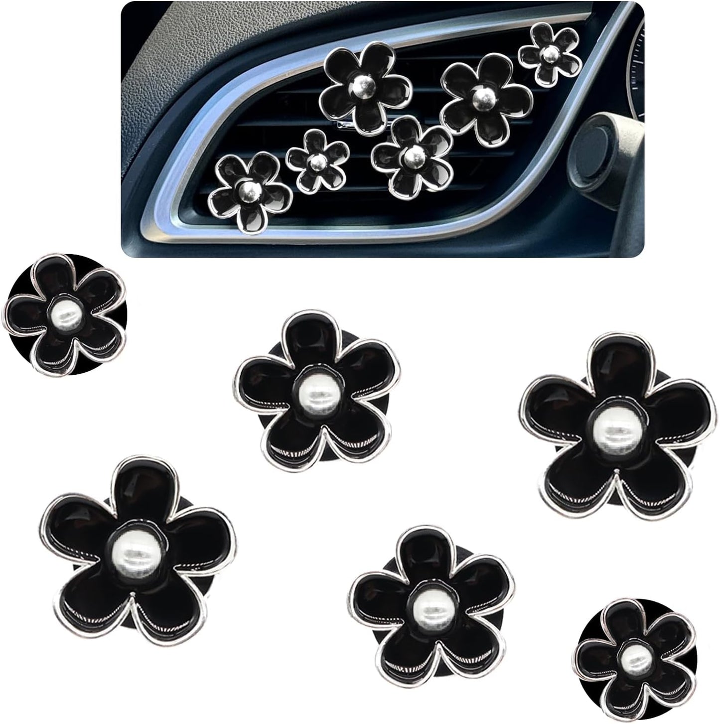 ORIESSE 6pcs Flower Car Air Freshener Vent Clips,Girly Daisy Car Accessorie for Women,3 Sizes Sparkle Black Silver Flowers Vent Clips Decor,Refillable Diffuser