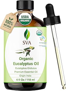 SVA Eucalyptus Essential Oil Organic – 4 Fl Oz – 100% Natural Organic Eucalyptus Oil - for Diffuser, Hair, Face, Skin Care, Aromatherapy, Scalp and Body Massage, Soap and Candle Making - with Dropper