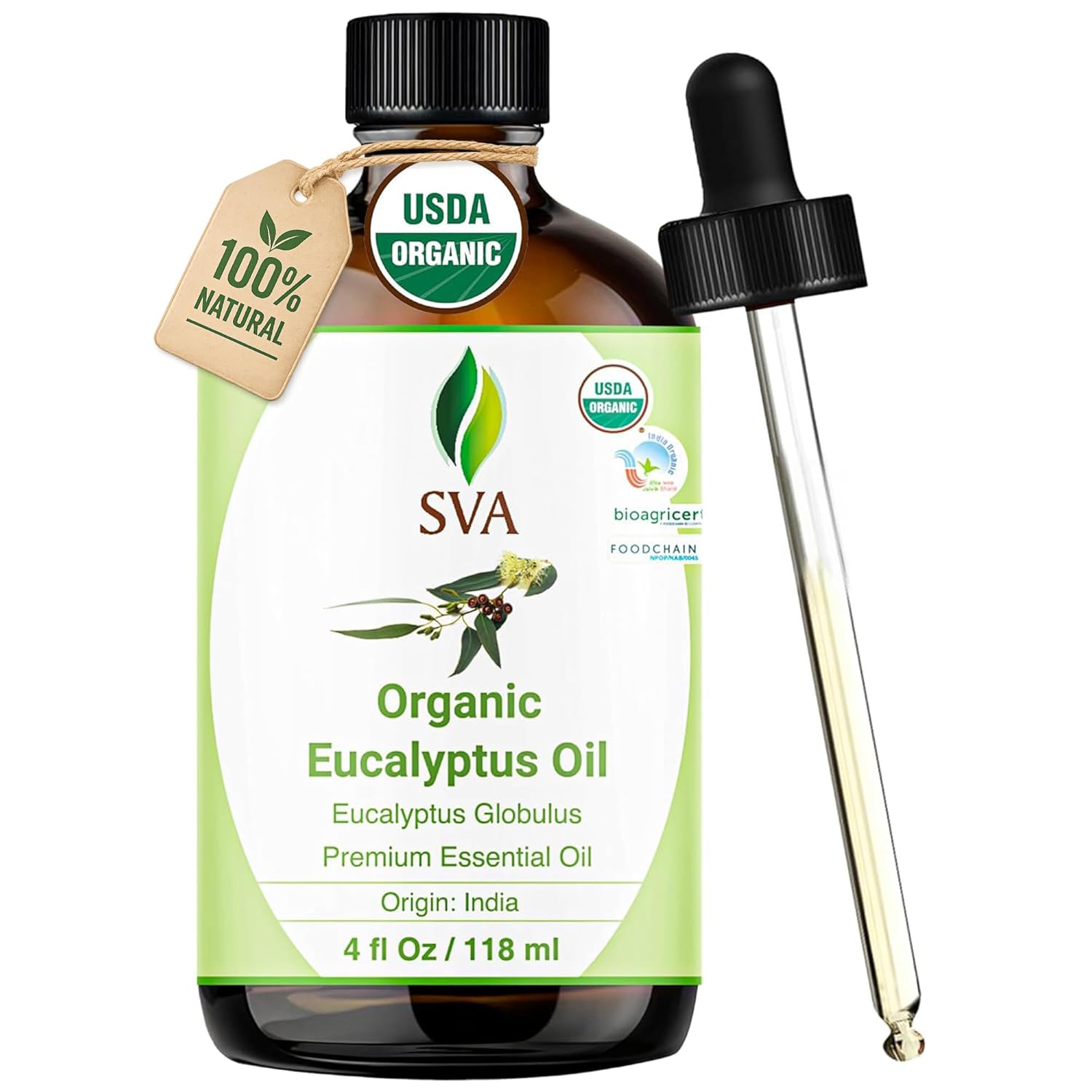 SVA Eucalyptus Essential Oil Organic – 4 Fl Oz – 100% Natural Organic Eucalyptus Oil - for Diffuser, Hair, Face, Skin Care, Aromatherapy, Scalp and Body Massage, Soap and Candle Making - with Dropper