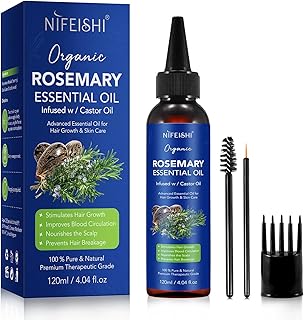 Rosemary Essential Oil for Hair Growth, Scalp Massage and Body - 120ml Pure Organic Infusion with Castor Oil, Improves Blood Circulation, Reduces Hair Loss