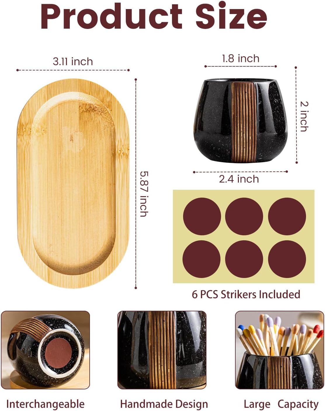 Zoeeker Set of 2 Ceramic Match Holders with Striker - Wooden Tray Matchstick Container Set for Christmas Bathrooms, Cafes & Modern Homes- Matches NOT Included, Black
