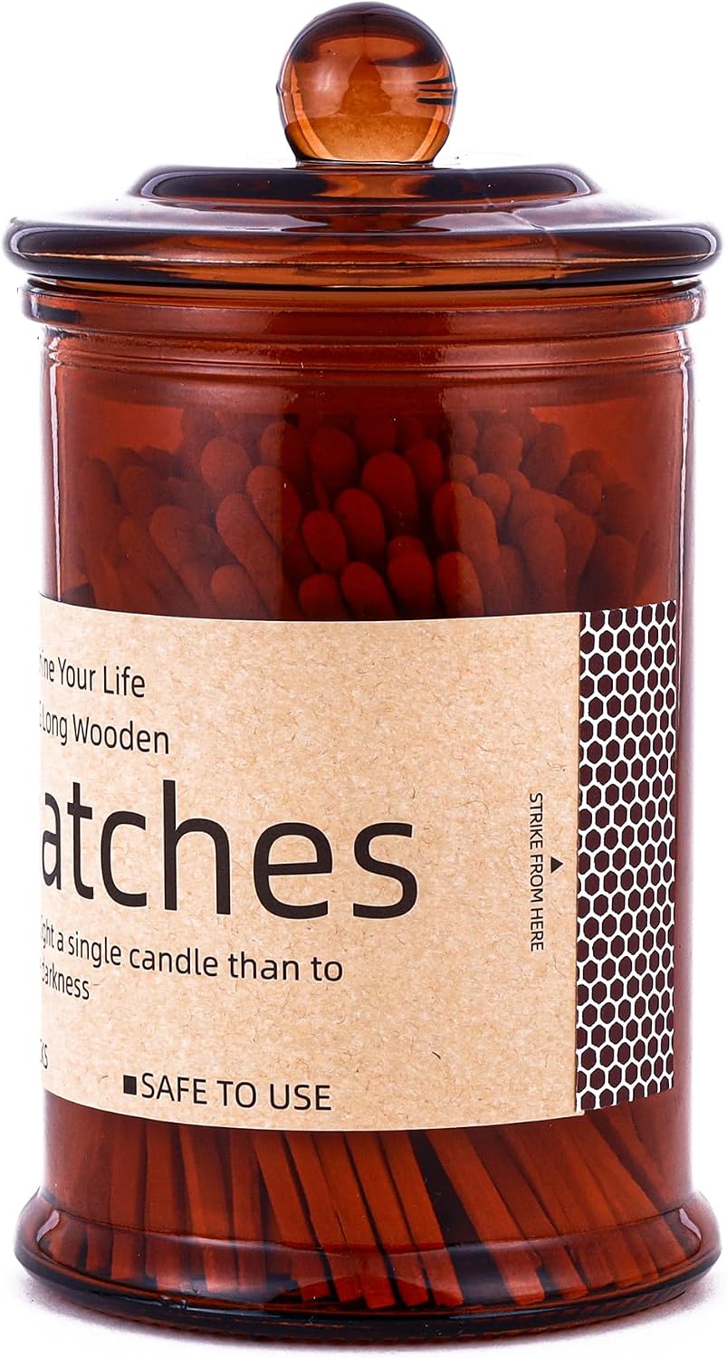 4" Rainbow Matches Included (150 Count). Glass Match Holder with Strikers, Fireplace Matches for BBQ Grill, 150Pcs Long Wooden Safety Match for Candles