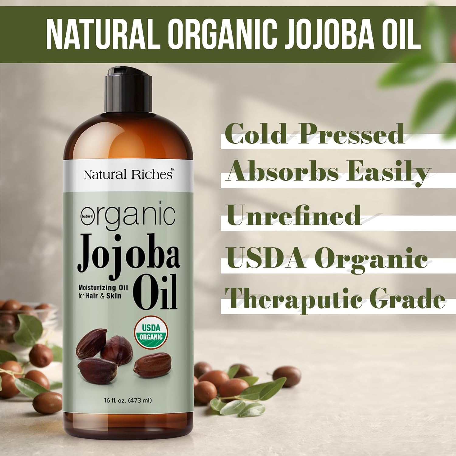 Natural Riches Organic Jojoba Oil, Pure (16 oz) | Moisturizing Oil for Face, Hair, Skin & Nails Cold Pressed Hexane Free Base Carrier oil.
