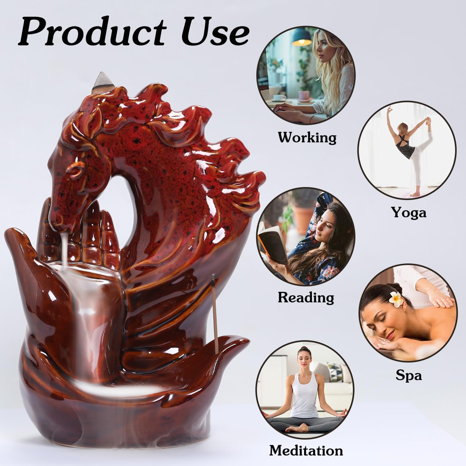 Horse Hand Incense Burner Holder - Ceramic Incense Waterfall Burner Horse, Backflow Horse Smoke Fountain Incense Holder with Cone & Stick Tweezer & Mat for Aromatherapy/Yoga/Home/Room Decor
