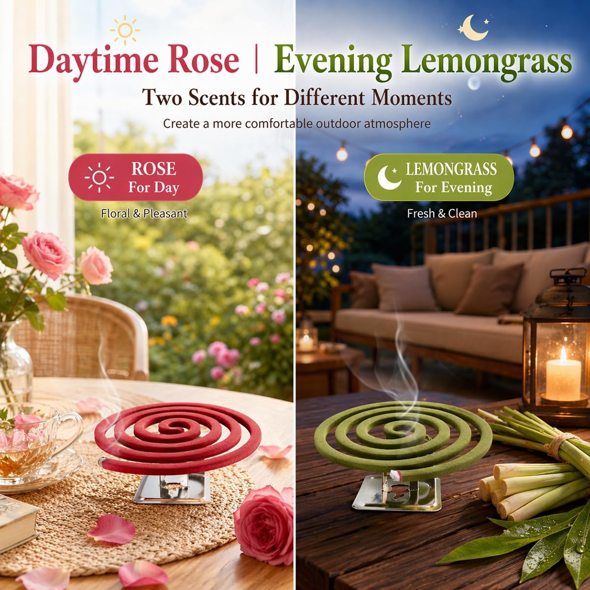 Dual Scent Incense Coil Set, Rose for Day & Lemongrass for Evening, Aromatherapy Incense for Relaxation, Meditation & Home Fragrance, Natural Scent for Indoor & Outdoor Use