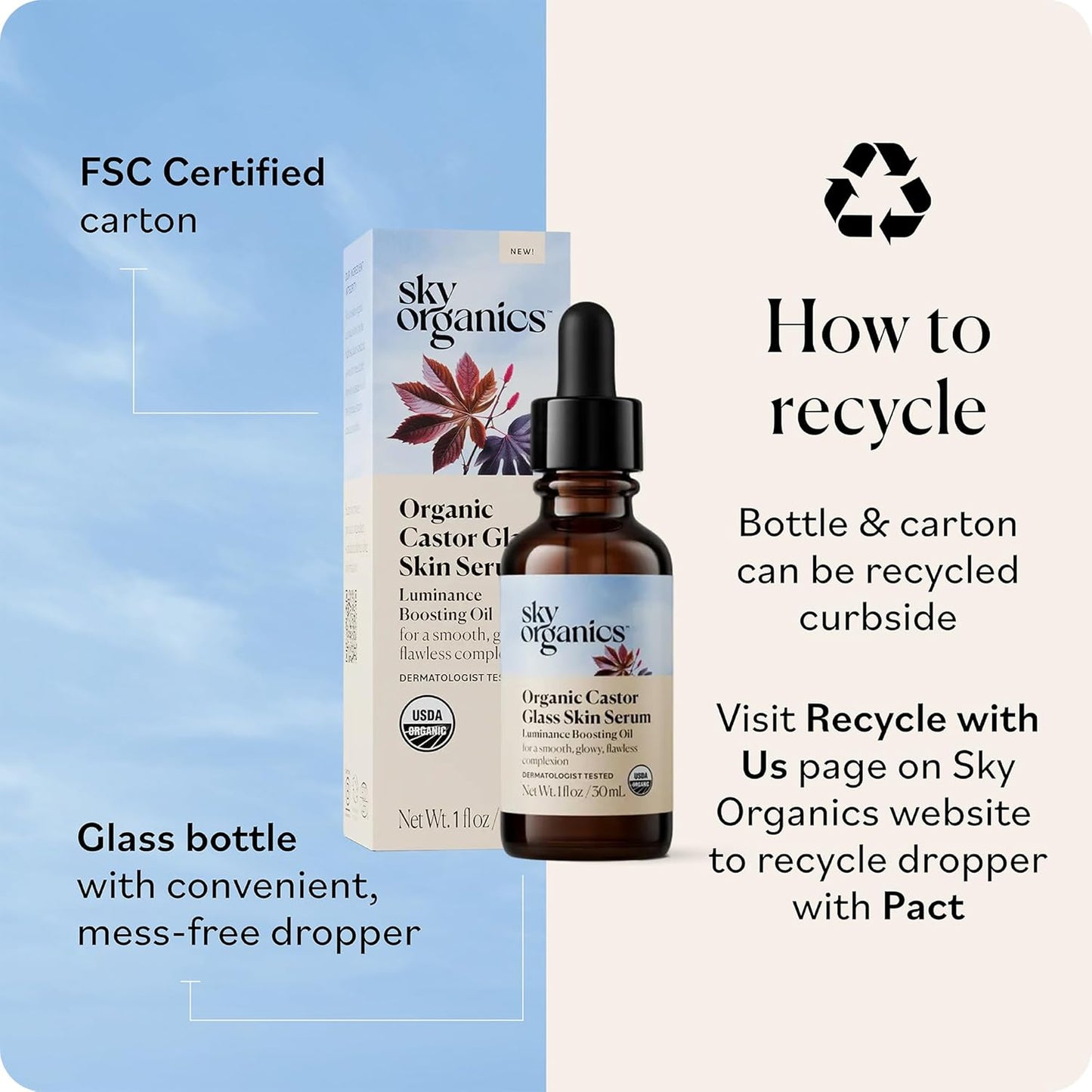Sky Organics - Organic Castor Glass Skin Serum (1 fl oz/30 mL) Dermatologist Tested Natural Face Serum - Organic Castor Oil for Face, Neck, Chest - Jojoba Oil - Vegan, Cruelty Free, Beauty, Skin Care