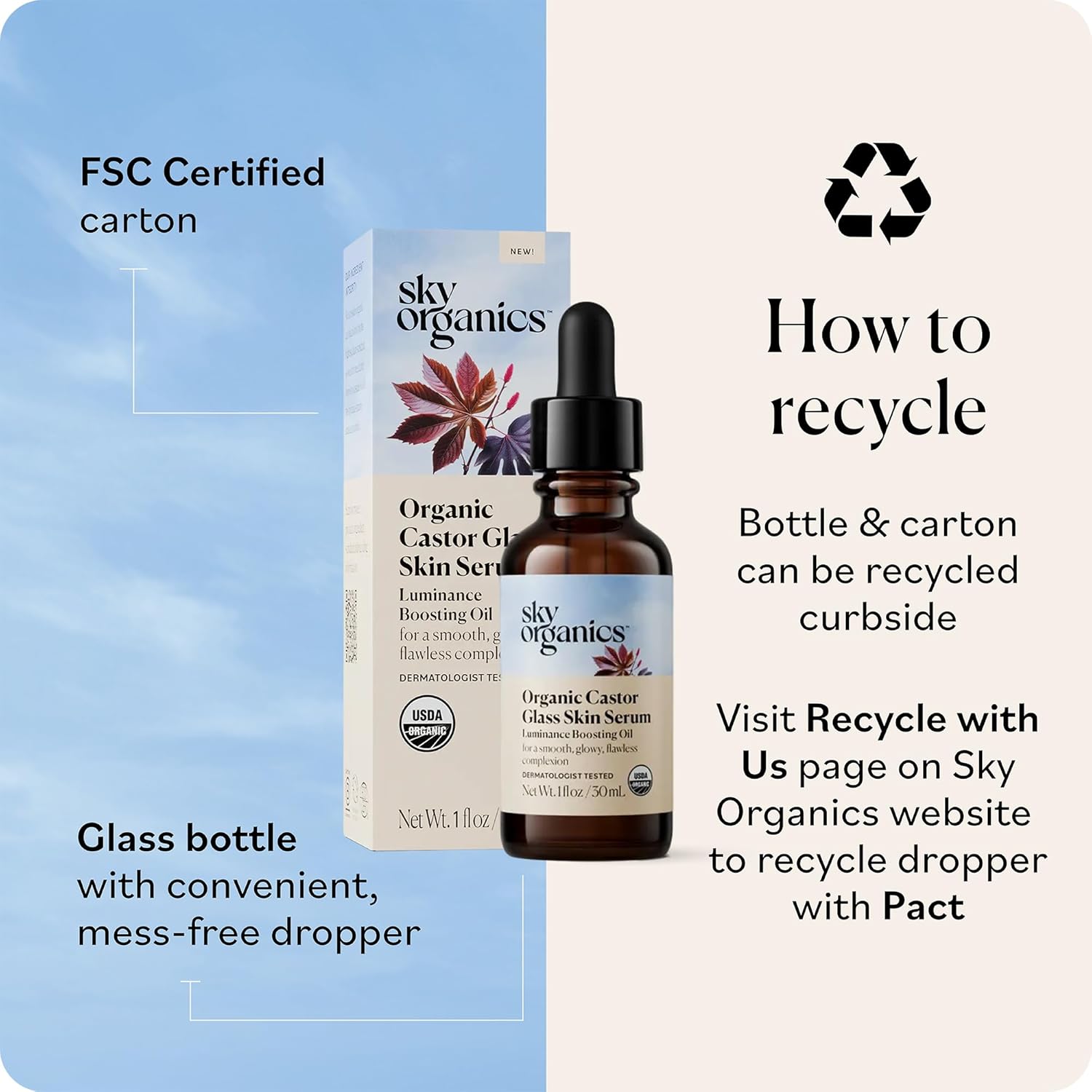 Sky Organics - Organic Castor Glass Skin Serum (1 fl oz/30 mL) Dermatologist Tested Natural Face Serum - Organic Castor Oil for Face, Neck, Chest - Jojoba Oil - Vegan, Cruelty Free, Beauty, Skin Care