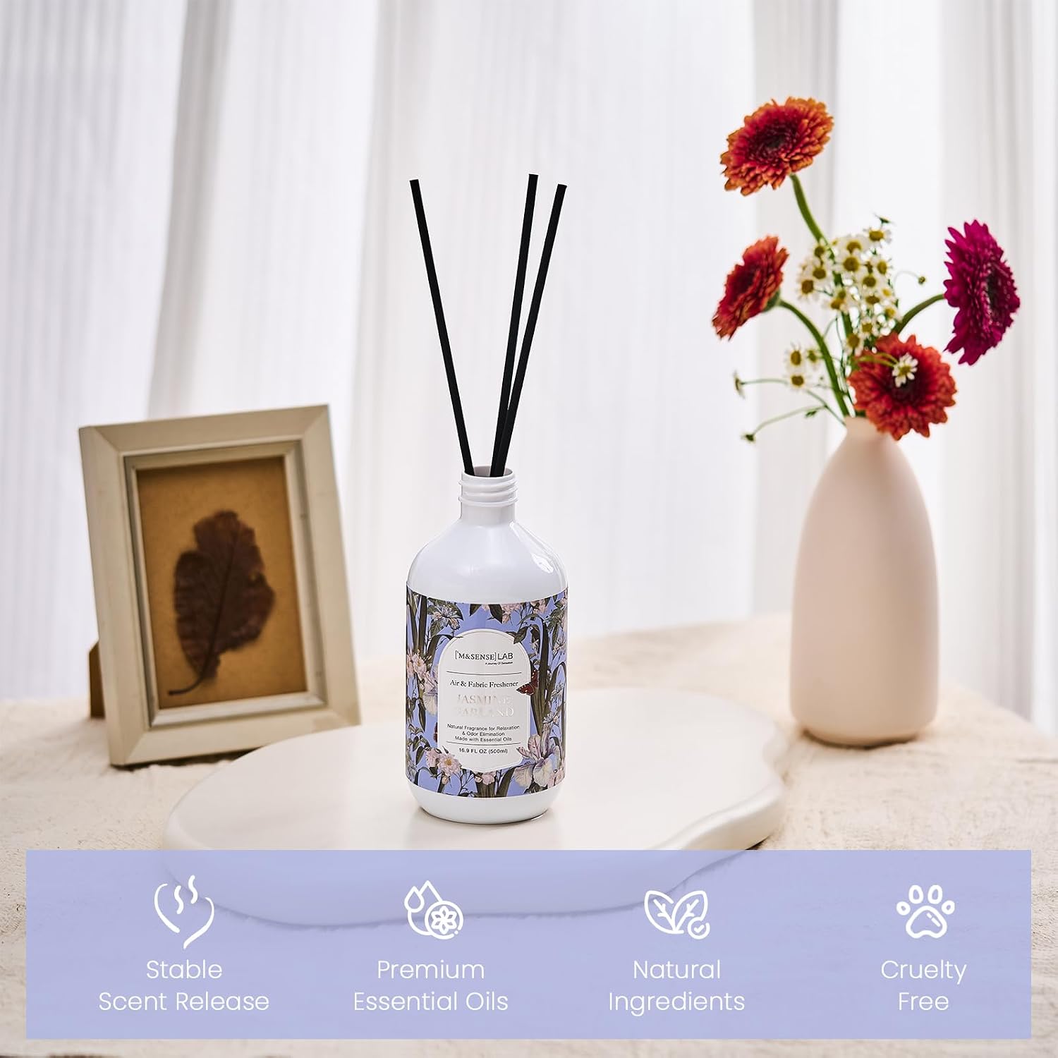 M&SENSE Reed Diffuser Oil Refill, 16.9oz (500ml) with 10 Hollow Reed Sticks, Jasmine Garland Scent Home Fragrance, Scented Oil Refills, Natural Essential Oils for Diffusers, Décor for Home Spa Office