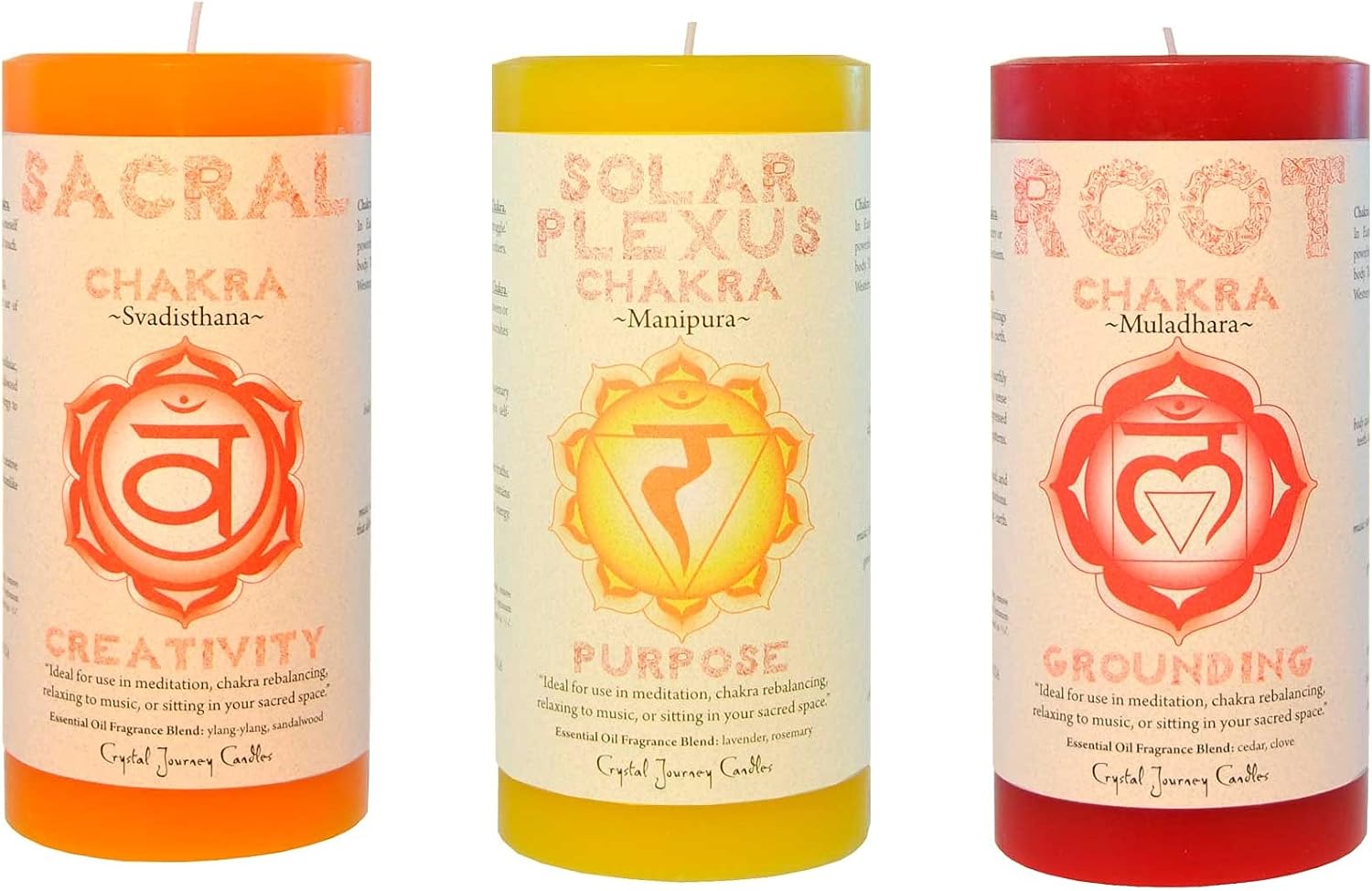 Crystal Journey Pillar Chakra Candles - Bundle of 3 (Sacral, Solar Plexus, Root)
