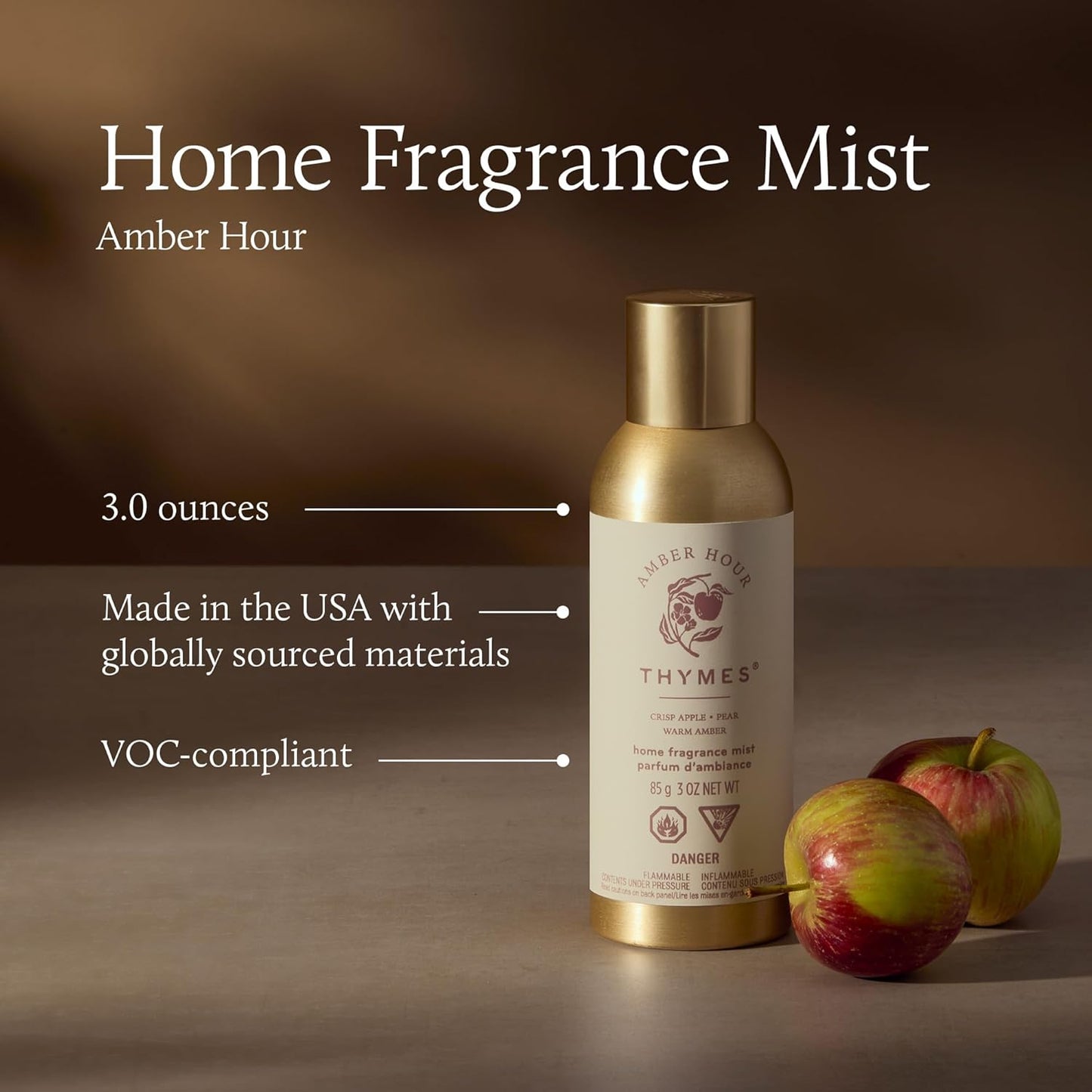 Thymes Home Fragrance Mist – Room Air Fresheners for Home Long Lasting – Air Freshener Spray – Scented Room Spray – with Notes of Crisp Apple, Warm Amber & Pear Blossom (Amber Hour, 3 oz)