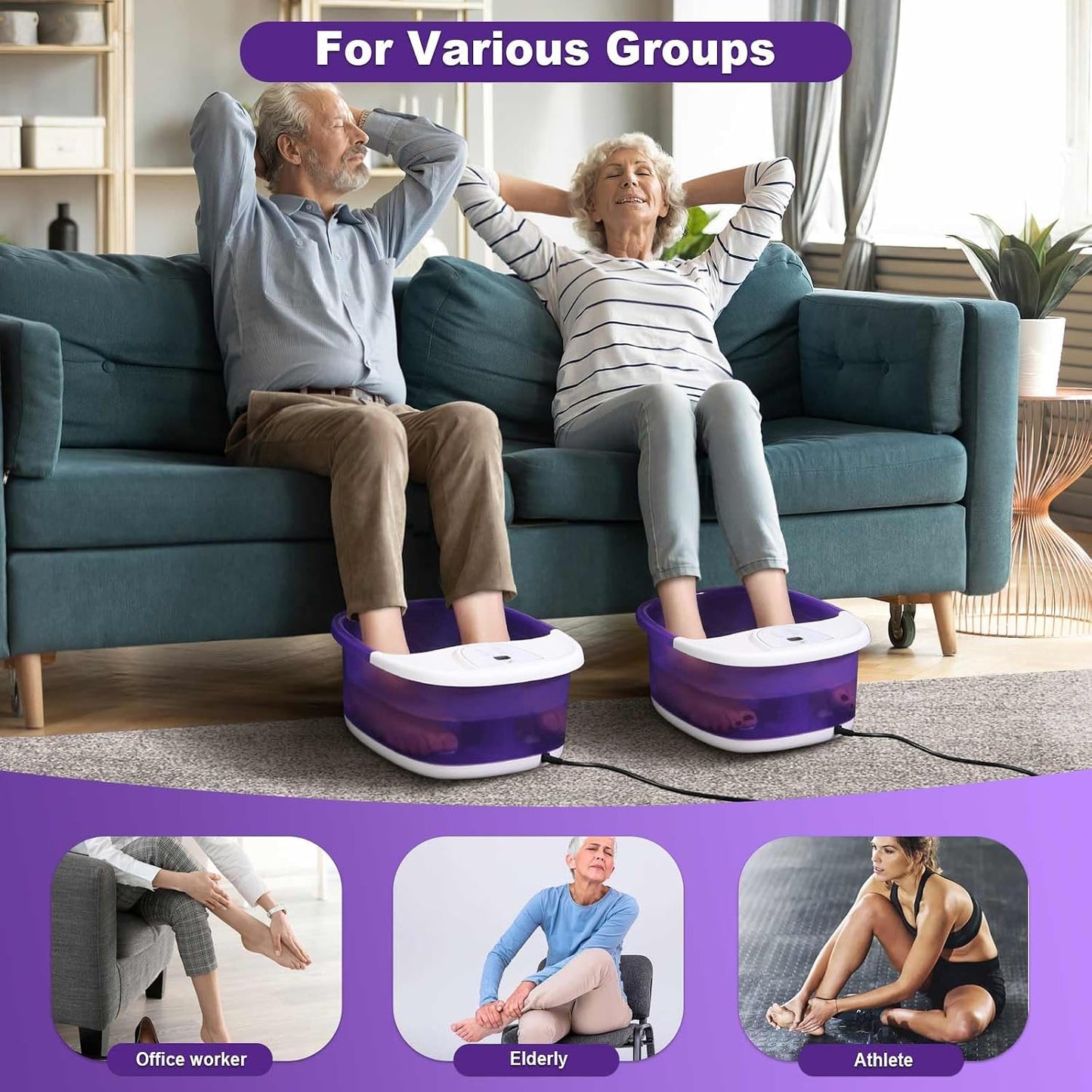 ECARBME Foot Spa Bath Massager with Heat, Foot Soaking Tub with 22 Massage Rollers, Temperature Control, Jets, Bubbles, Epsom Salt and Vibration, Foot Bath soak tub for Relaxation- Purple