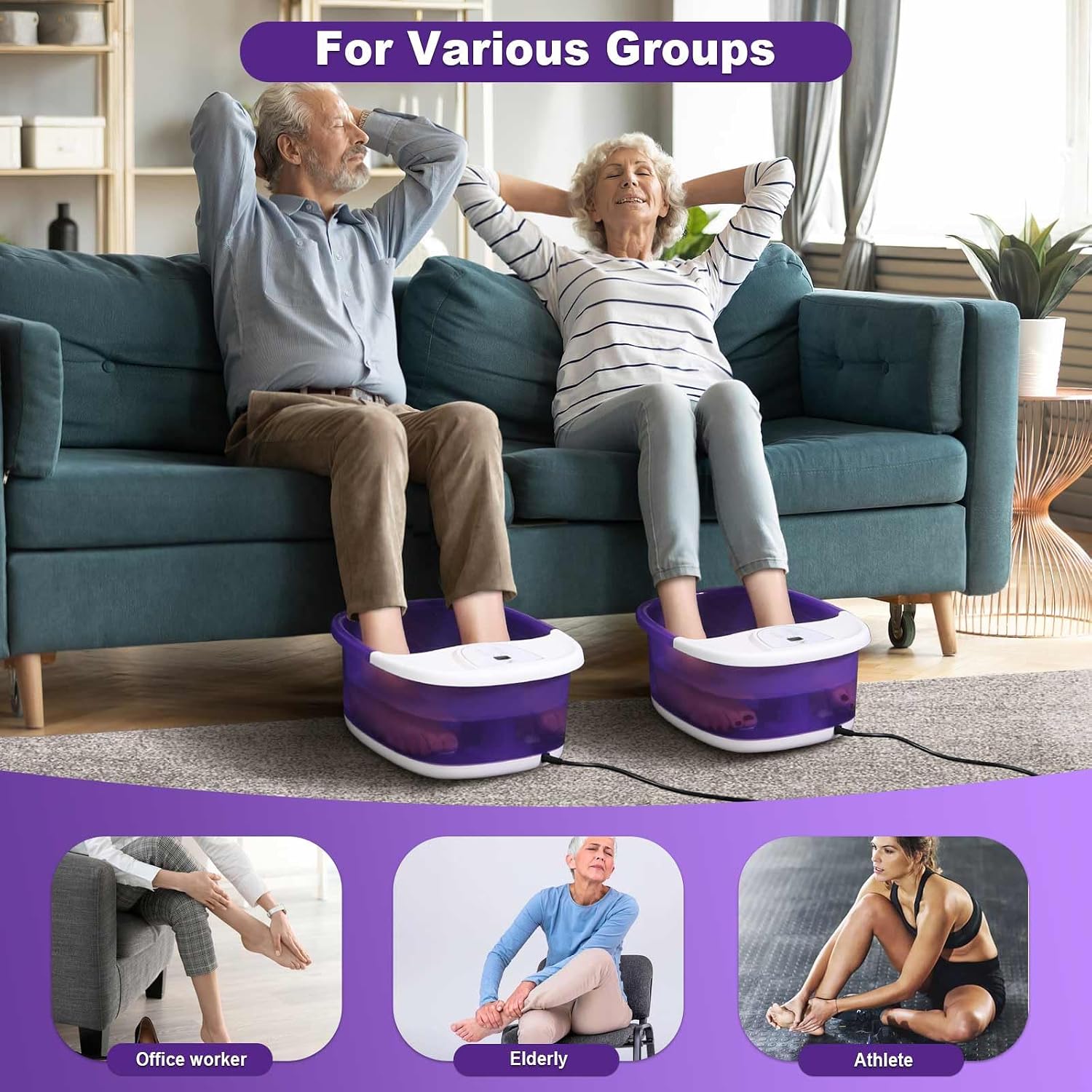 ECARBME Foot Spa Bath Massager with Heat, Foot Soaking Tub with 22 Massage Rollers, Temperature Control, Jets, Bubbles, Epsom Salt and Vibration, Foot Bath soak tub for Relaxation- Purple