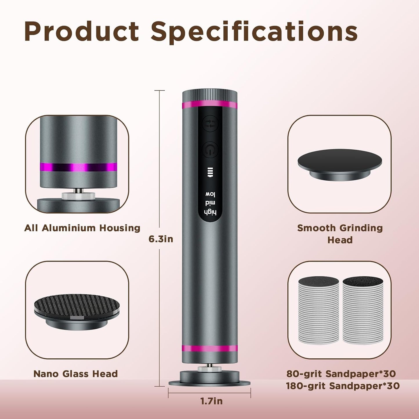 Electric Foot Callus Remover with Nano-Glass Head & 60Pcs Sandpaper Discs, 4 Hours Run Time, Electric Callus Remover for Feet with 3 Adjustable Speeds, Pedicure Tools for Dry Dead Skin Cracked Heels