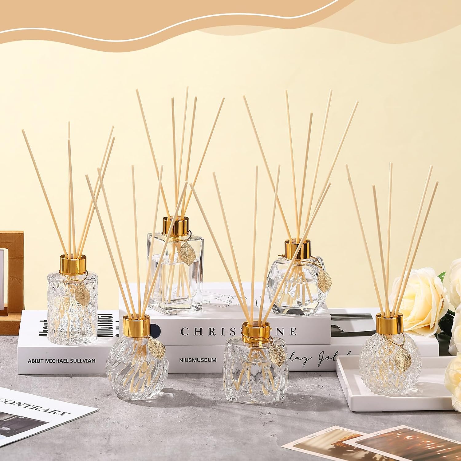 6 Pcs Reed Diffuser Gift Set Empty Reed Diffuser Bottle and 30 Pcs Sticks with Metallic Leaves Decoration Funnels 3.4 oz Fragrance Glass Prismatic Bottles for Essential Oil DIY Home Office, 6 Styles