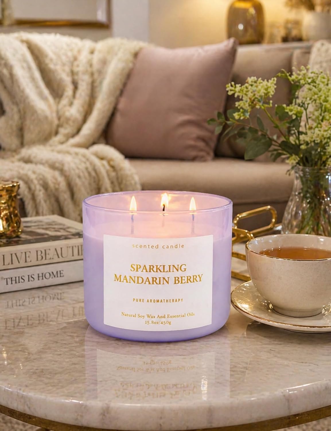 Sparkling Mandarin Berry 3-Wick Soy Candle | 15.8 oz Large Summer Candle for Home | Citrus Berry Scented Candles for Women | Clean Long-Lasting Burn | Gift Ready