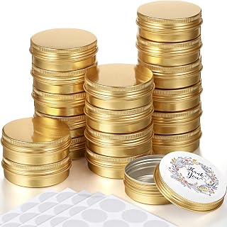 Patelai 2 oz Gold Metal Round Tins Aluminum Tin Cans Salve Tins Containers with Screw Lid 10 Sheets Stickers for Salve Spice Candies Balms Candles, 36 Pack (Classic Style)