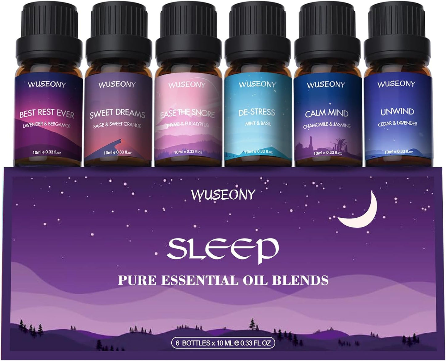 WUSEONY Sleep Essential Oils Set for Diffusers for Home, Set of 6 Essential Oil Blend Aromatherapy - Eucalyptus, Jasmine, Orange, Lavender, Cedar, Mint