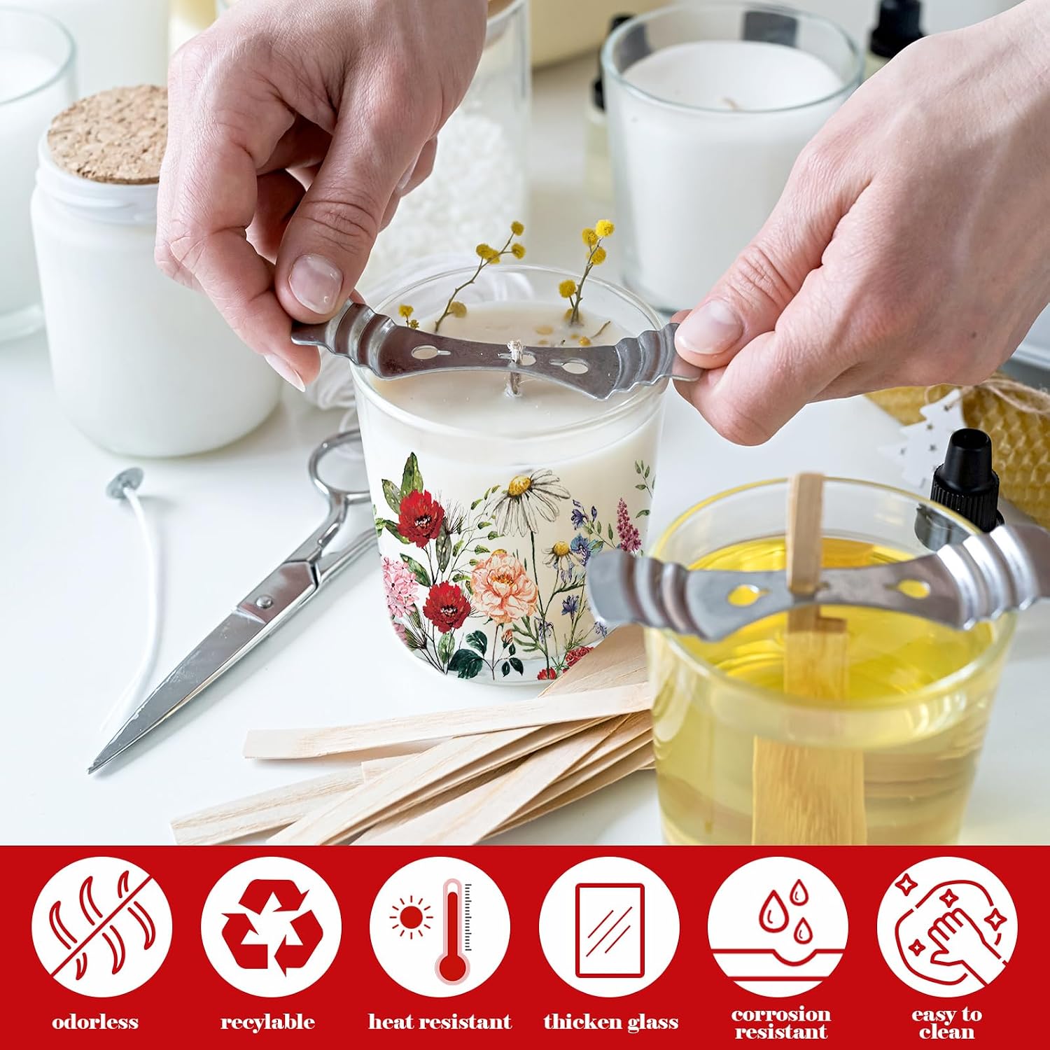Whaline 12Pcs Wildflower Empty Candle Jar with Wooden Lid 7 oz Spring Floral Glass Candle Container for Candles Making Storing Kitchen Table Centerpiece Decoration