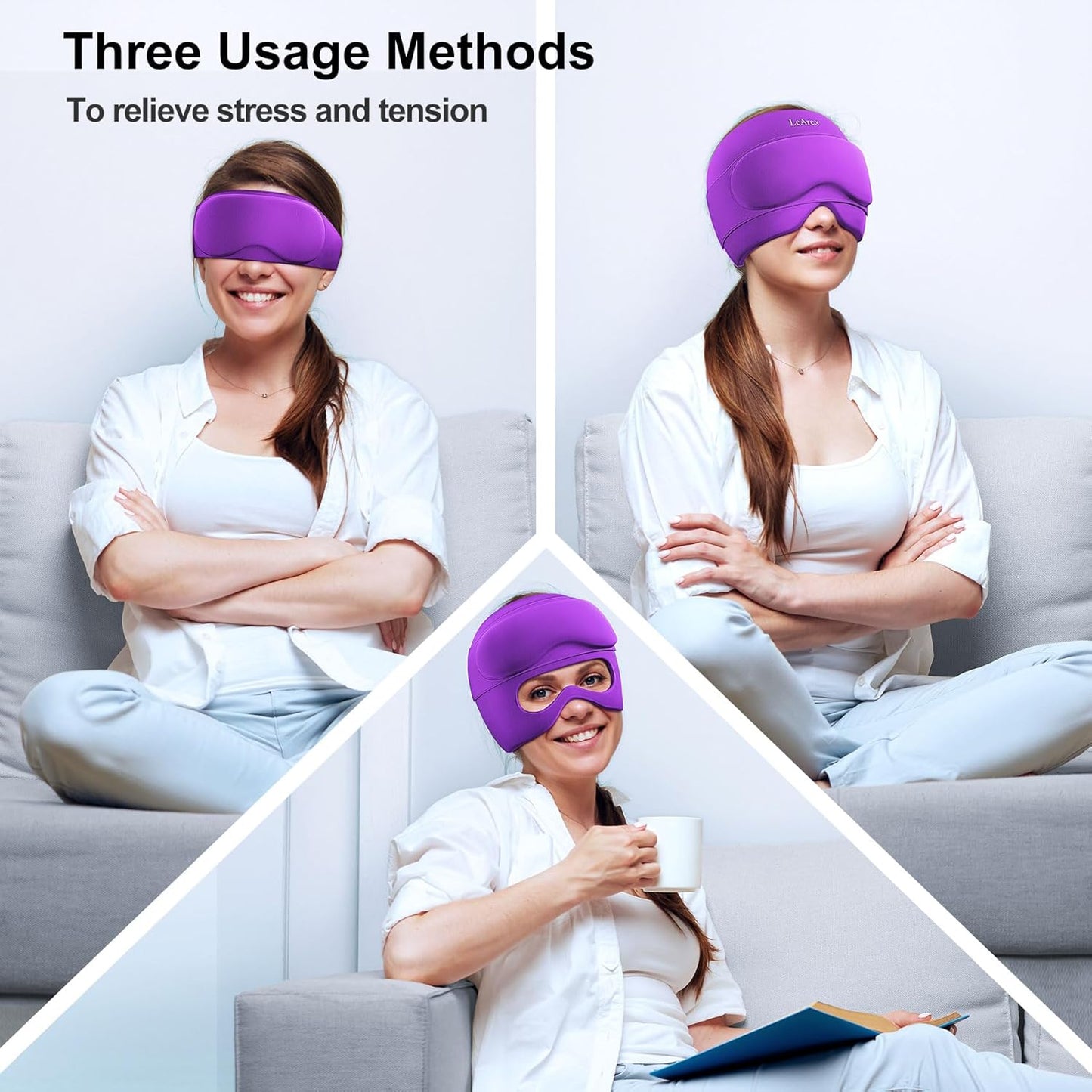 2 in 1 Migraine Relief Cap with Gel Eye Mask, Headache Relief Cap Ice Head Wrap Hot and Cold Therapy Hat Gift for Women for Headache Puffy Eyes Sinus and Tension Stress Relief (Purple)