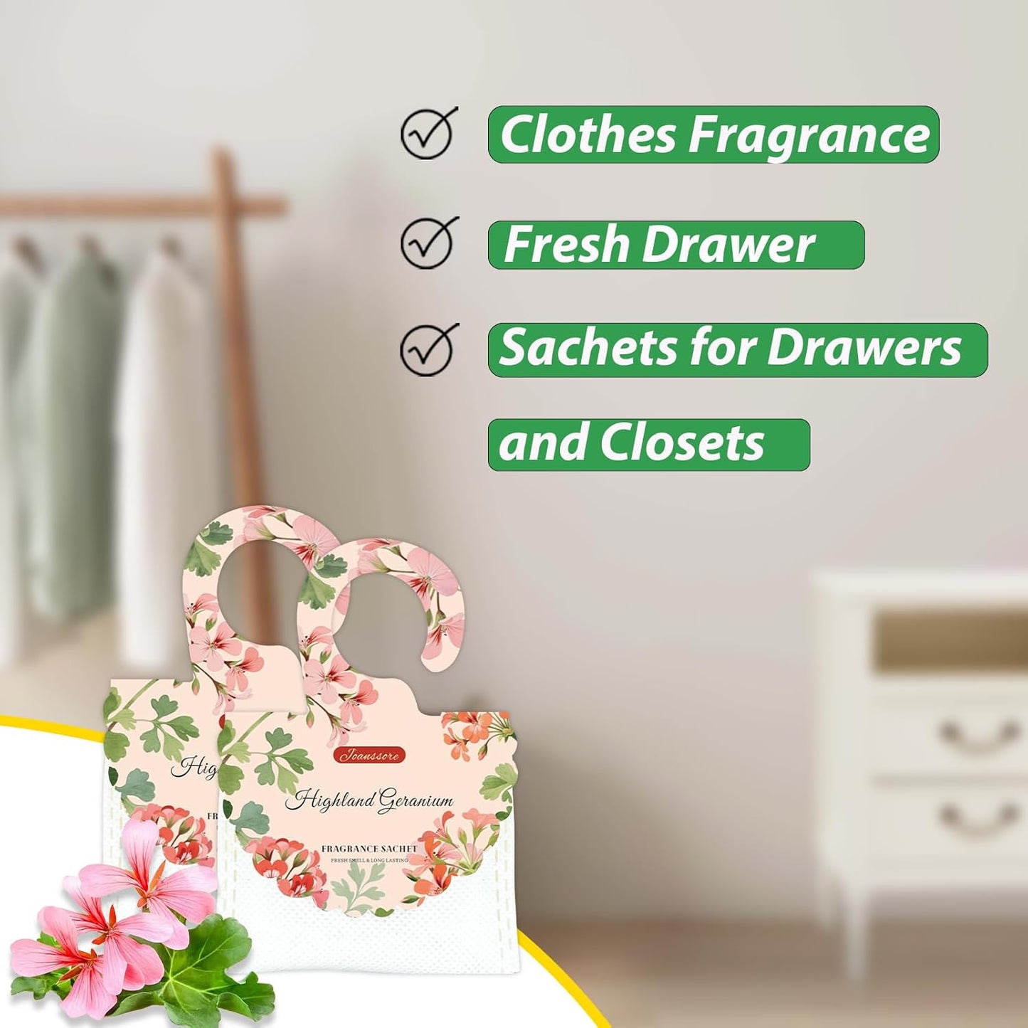 15 Packs Scented Sachets Bag for Drawers and Closets, Home Fragrance Sachet, Long-Lasting Hanging Closet Deodorizer Smell Goods for House (Highland Geranium)