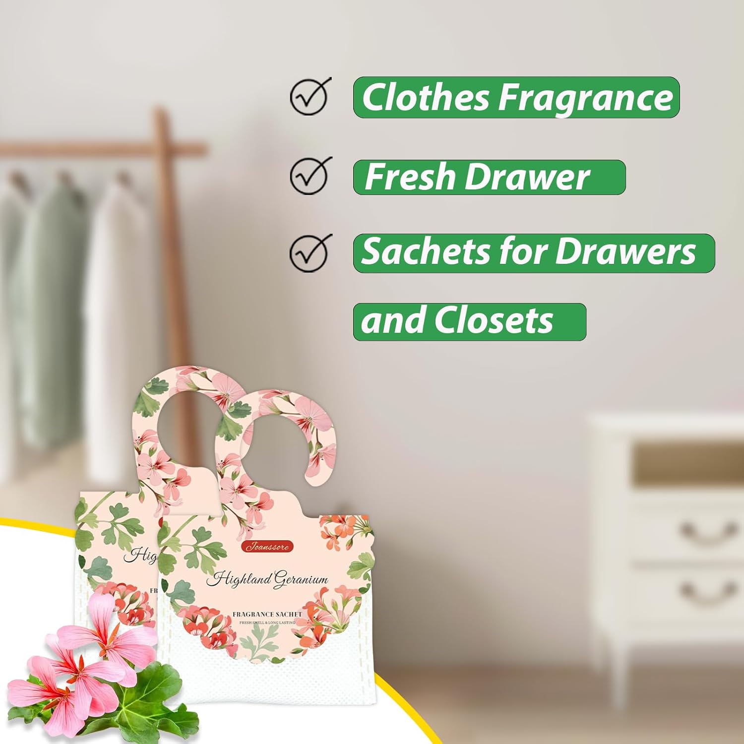 15 Packs Scented Sachets Bag for Drawers and Closets, Home Fragrance Sachet, Long-Lasting Hanging Closet Deodorizer Smell Goods for House (Highland Geranium)