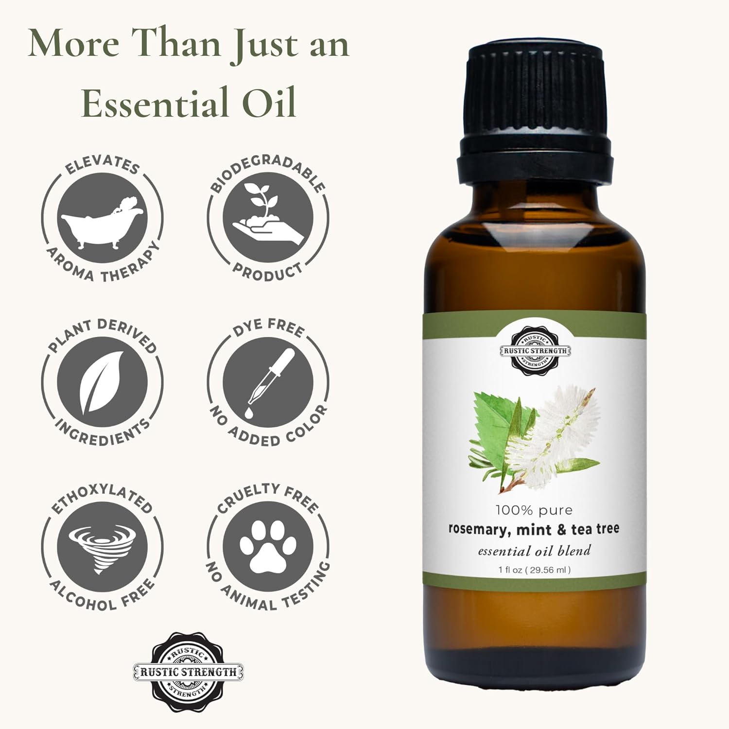 Rustic Strength 100% Pure Essential Oil Blend, Rosemary, Mint & Tea Tree, Therapeutic Grade, Non-Toxic, Aromatherapy & Home Use, 1 oz