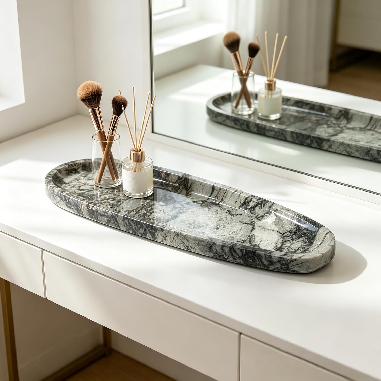 Natural Marble Vanity Tray, 16.6"x4.6" Grey Real Stone Decorative Tray for Bathroom Countertop & Home Decor, Catchall Organizer for Jewelry, Candles, Cosmetics & Perfume（Grey）