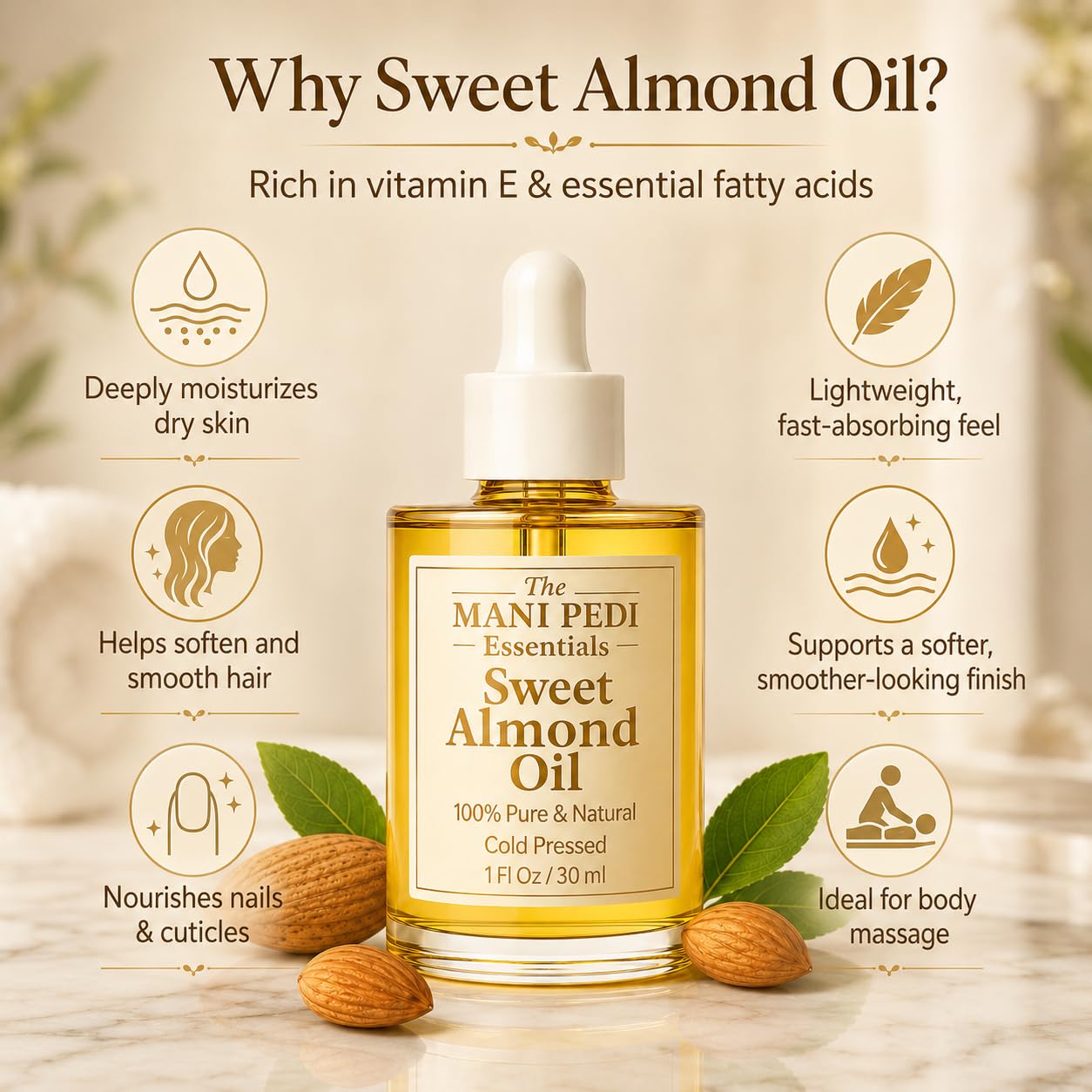 TMPE 100% Pure, Organic Sweet Almond Oil. Cold Pressed Natural Moisturizing Oil for Hair, Skin & Body - 1 Fl Oz