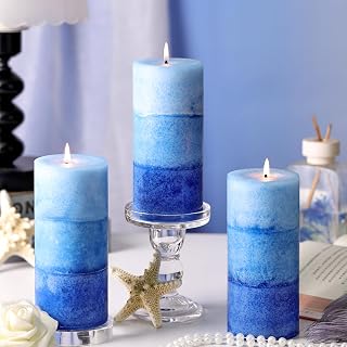 Blue Ocean Scented Pillar Candles, 2.8x6 Inch Non-Toxic Blue Pillar Candle 210H Long Burning Smokeless Fragrance Candle for Home Decor Wedding, 3 Pack