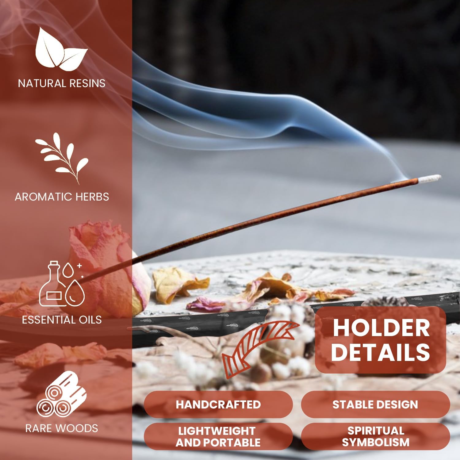Incense Sticks Variety Pack with Wooden Holder | Nag Champa, Rose, Lavender, White Sage, Frankincense, Palo Santo & Sandalwood | Hand-Rolled Masala Incense
