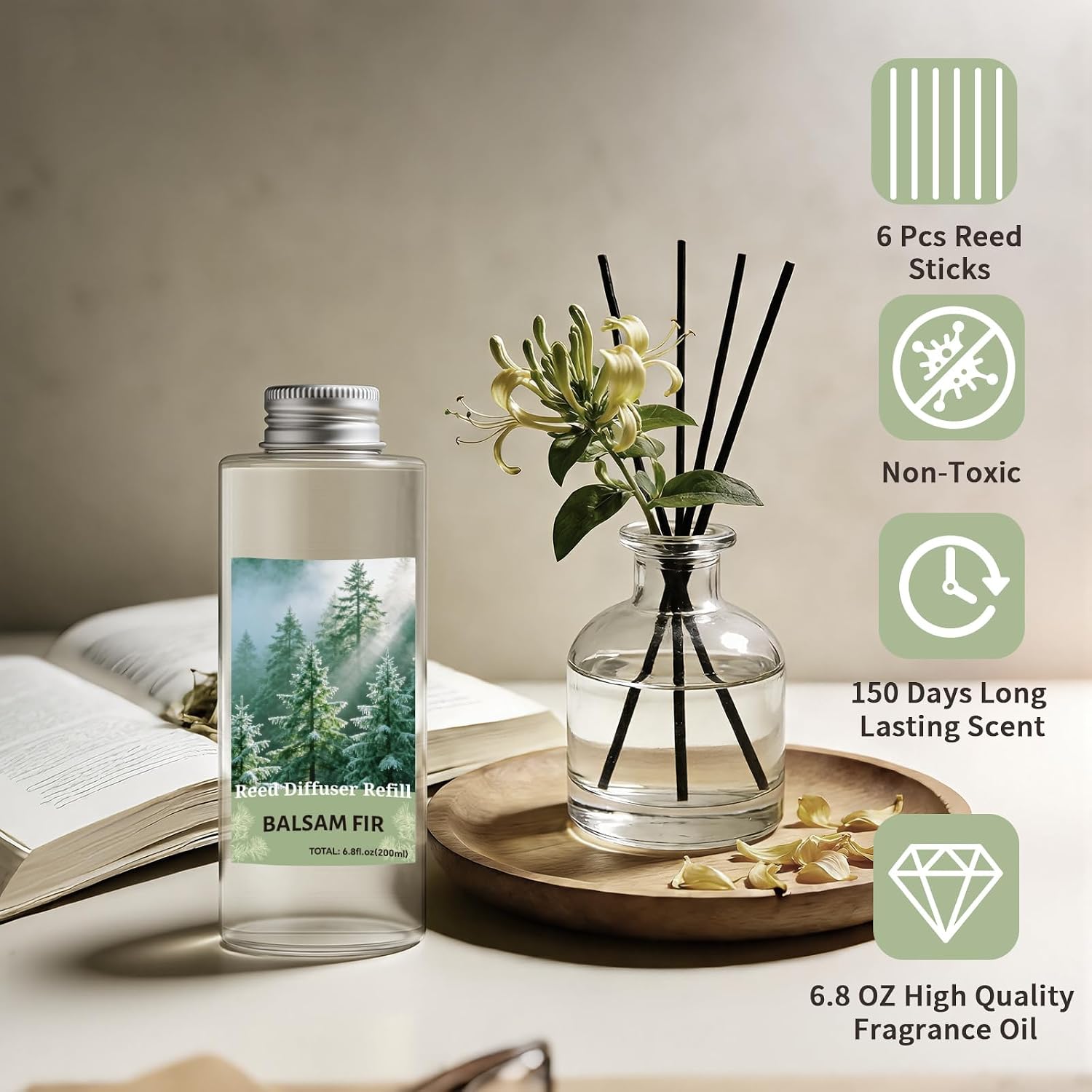 STRN Reed Diffuser Oil Refill, Balsam Fir Scented Diffuser Oil Refills with 6 Reed Sticks 200ML(6.8fl.oz), Room Fresheners for Home, Long-Lasting Summer Fragrance for Living Room, Bedroom, Office