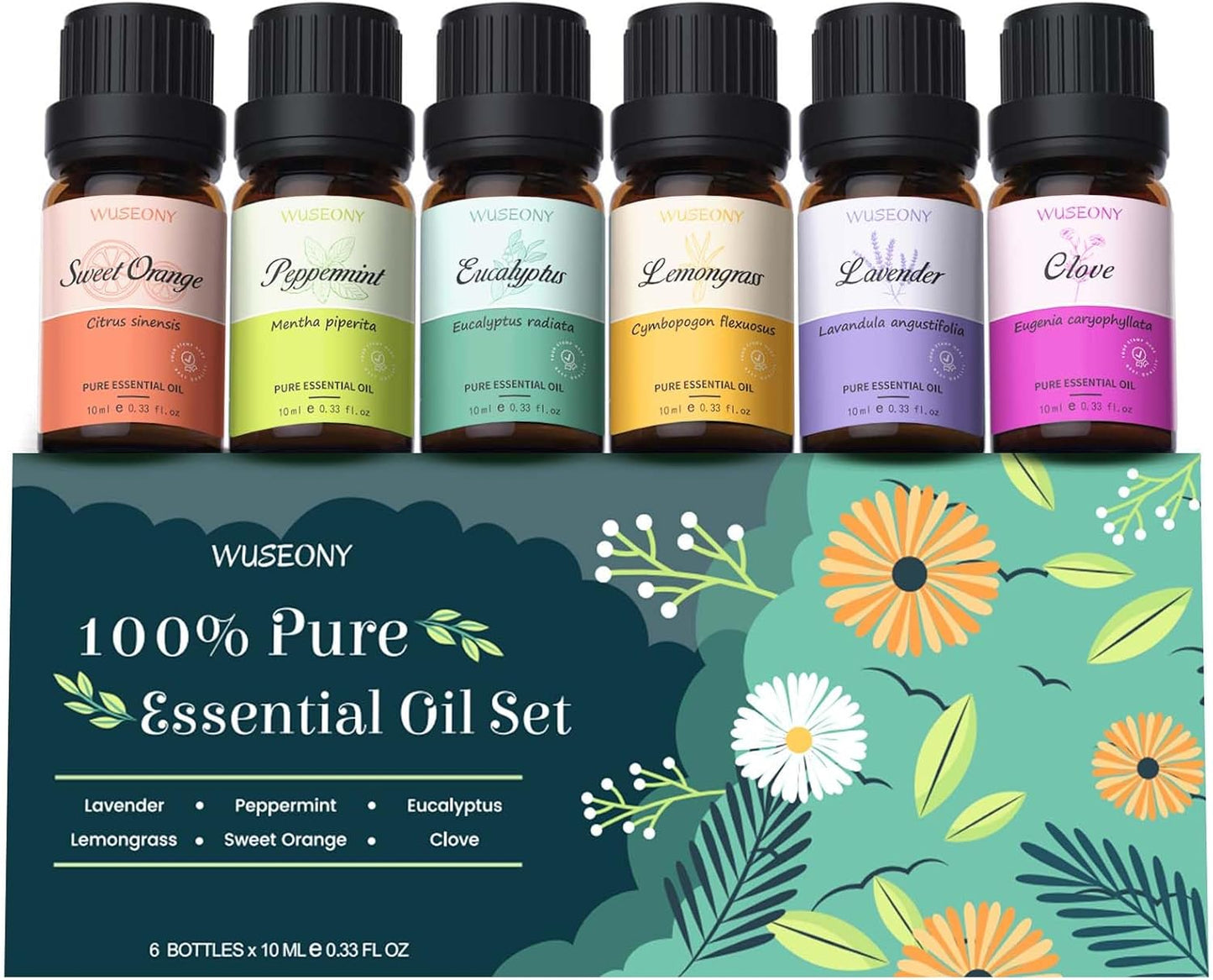 WUSEONY Top 6 Natural Aromatherapy Oils Gift Set, Essential Oils for Diffusers Home, Fragrance Oil Scent for Candle Soap Making - Lavender, Peppermint, Eucalyptus, Lemongrass, Sweet Orange, Clove
