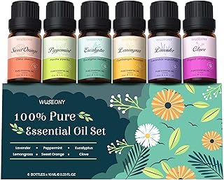 WUSEONY Top 6 Natural Aromatherapy Oils Gift Set, Essential Oils for Diffusers Home, Fragrance Oil Scent for Candle Soap Making - Lavender, Peppermint, Eucalyptus, Lemongrass, Sweet Orange, Clove