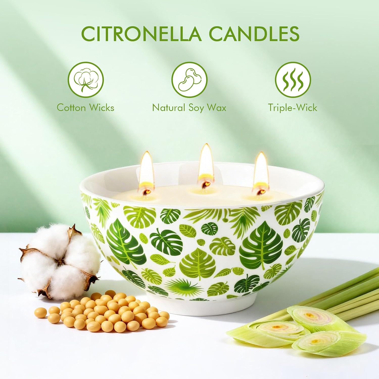 Citronella Candles Outdoor, 3 Wick Citronella Candles for Patio Natural Soy Wax with Essential Oil, Indoor and Outdoor Candle for Backyard, Garden, Camping, Balcony, and Summer Party, Ceramic Jar