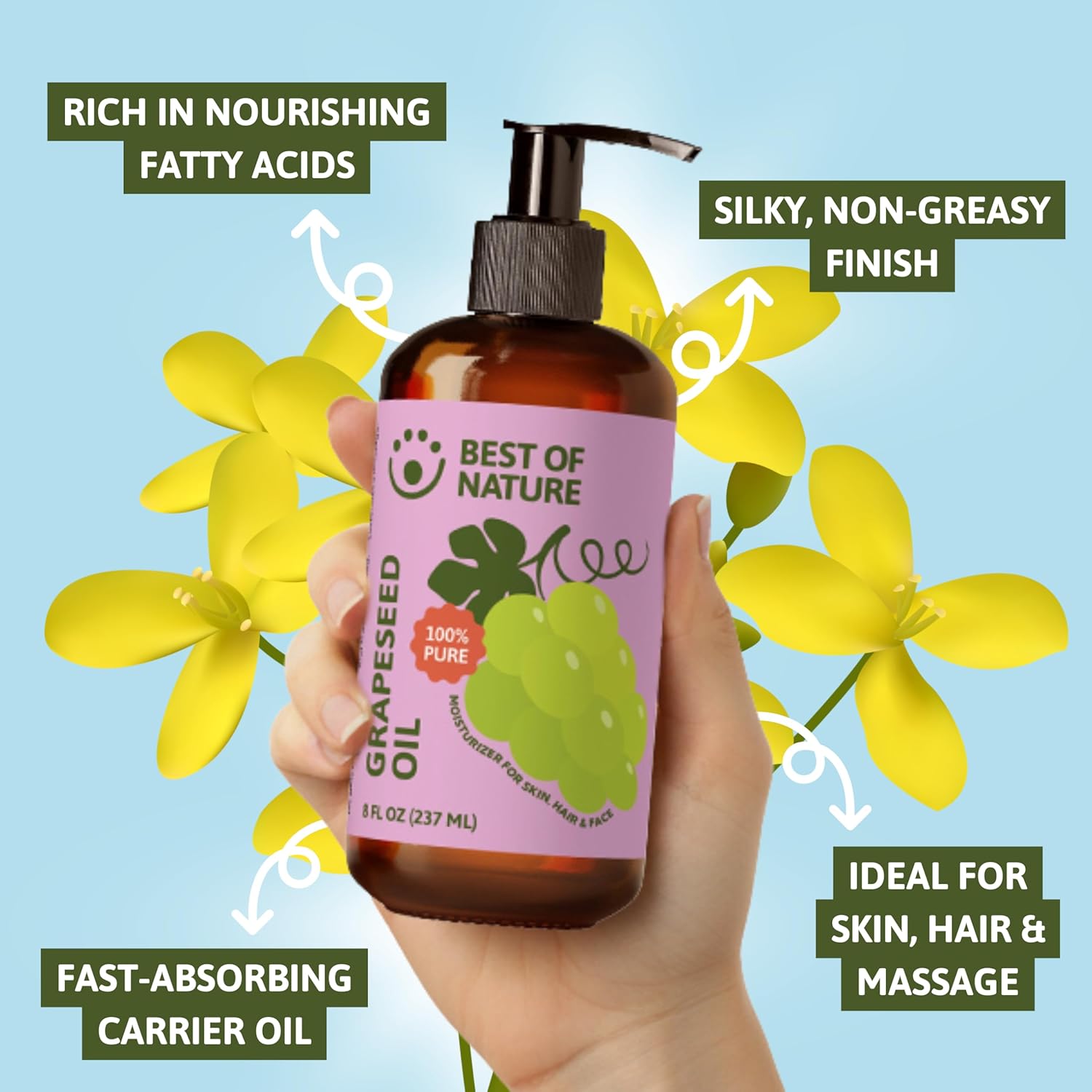 Best of Nature 100% Pure Grapeseed Oil - Unscented, Lightweight, Non-Greasy Moisturizer for Hair, Skin, Face & Aromatherapy, Carrier Oil for Essential Oils, Half Gallon (64 fl oz)